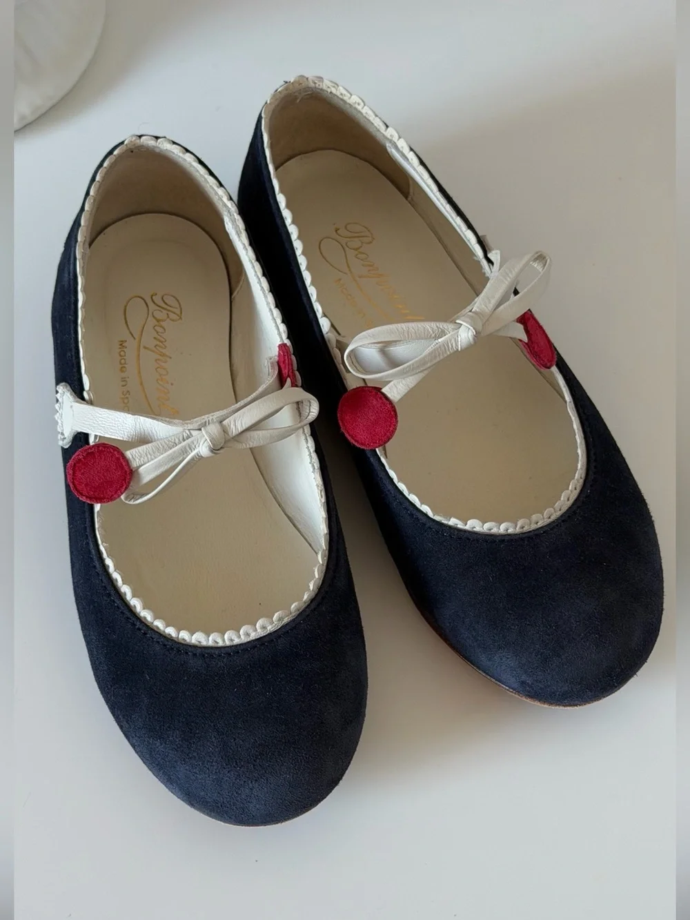 Bonpoint Navy Suede Mary Janes with White Trim and Red Button